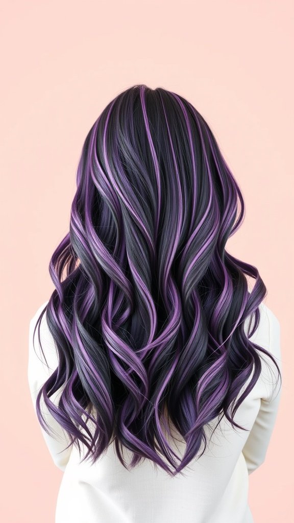 A woman with intense purple-black hair featuring lavender blonde highlights, styled in loose waves.