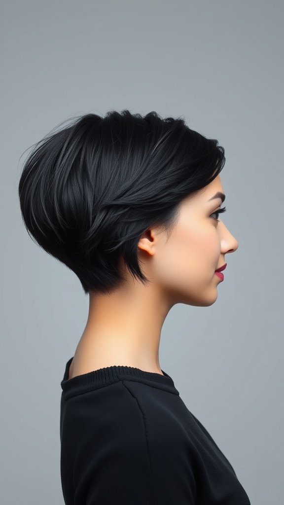 A profile view of a woman with a jet black pixie haircut styled with a side part.
