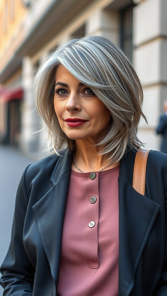 A woman with a layered lob hairstyle, featuring gray tones and a side part, dressed in a stylish outfit.