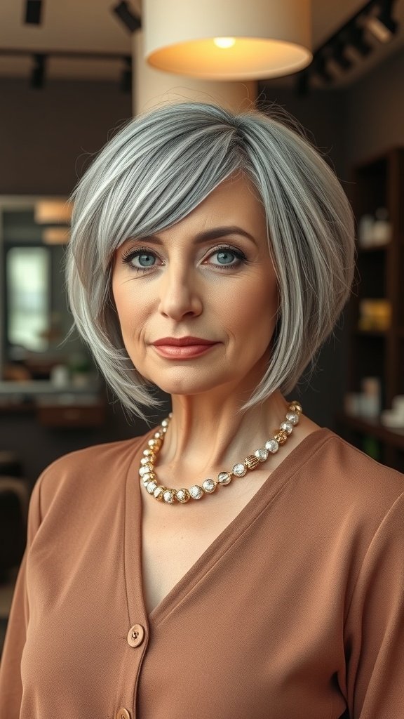 A woman with a layered salt-and-pepper bob hairstyle, wearing a brown top and a pearl necklace, looking confidently at the camera.