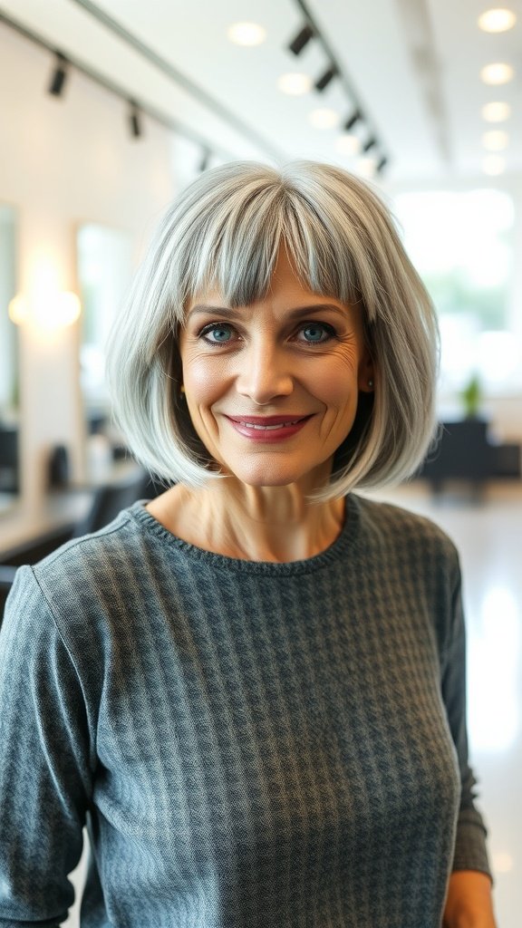 A woman with a layered salt and pepper bob hairstyle and fringe, smiling in a stylish salon.