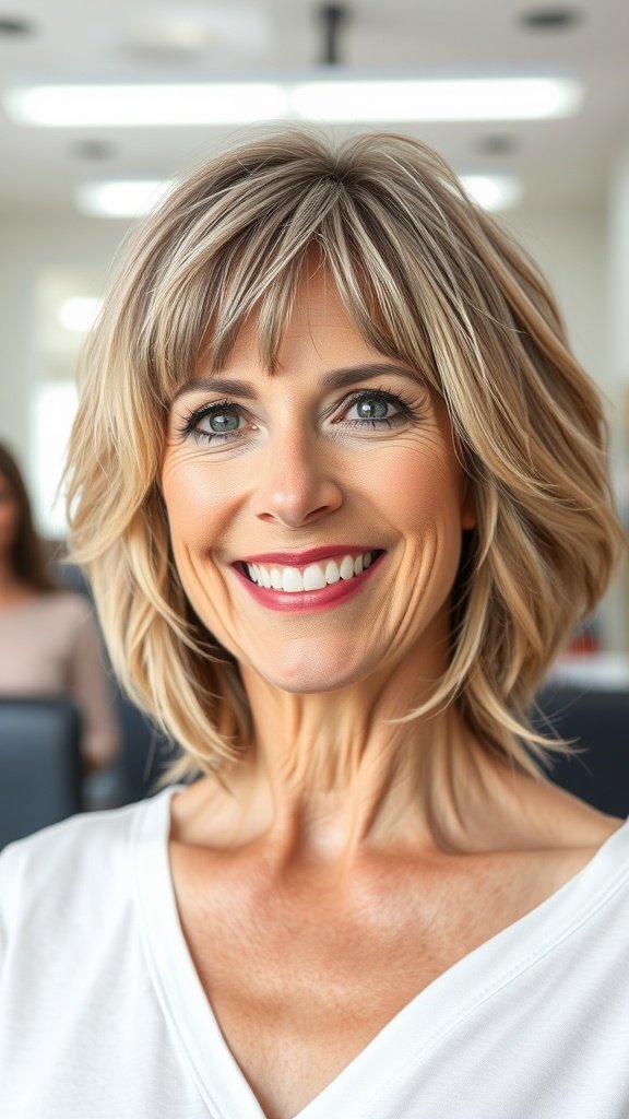 A woman with a layered shag hairstyle and curtain bangs, smiling confidently.