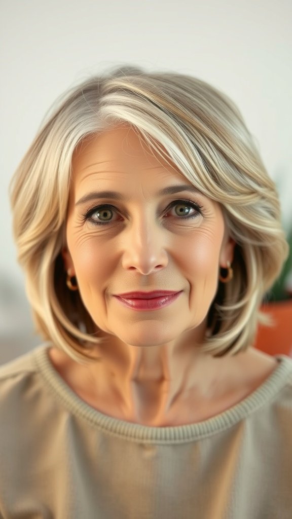 A woman with a lob hairstyle featuring subtle balayage and soft highlights, smiling warmly.