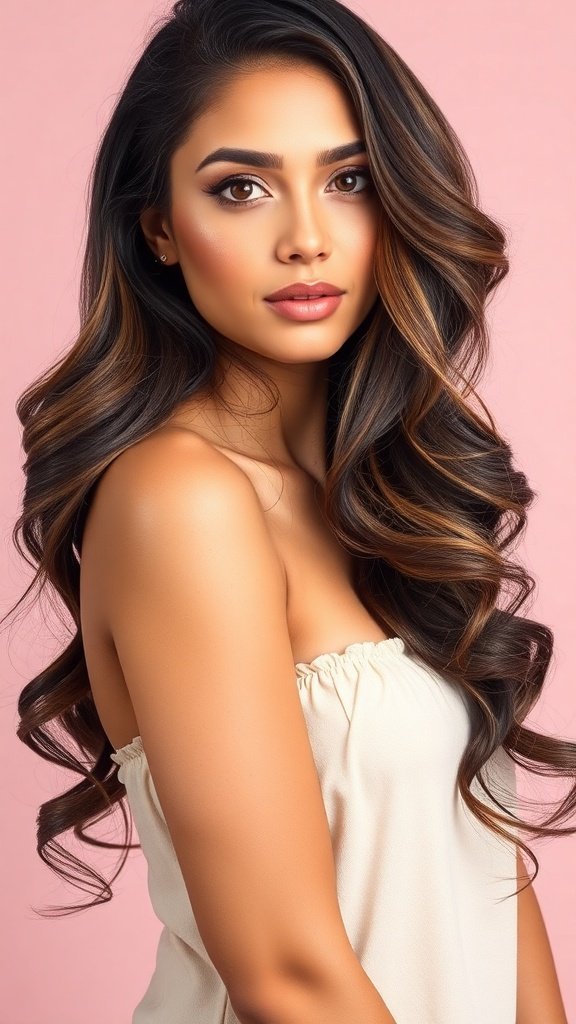 A woman with long cascading curls styled with a side part, showcasing a feminine look suitable for square faces.