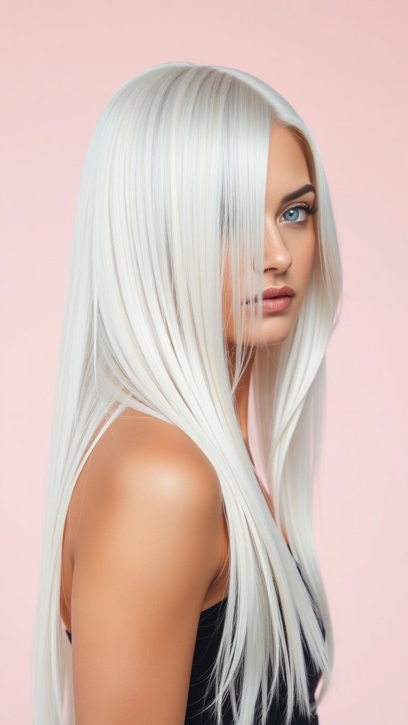 A woman with long platinum blonde hair styled in layers, showcasing a sleek and shiny finish against a soft pink background.