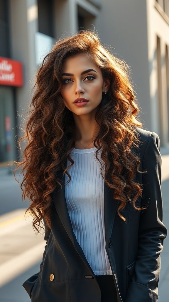 A woman with long, curly hair styled in a middle part, wearing a blazer.