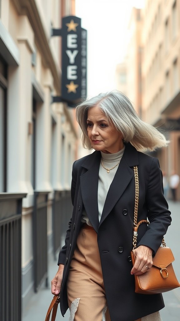 A stylish older woman walking down the street with a long wedge bob hairstyle, wearing a chic outfit.