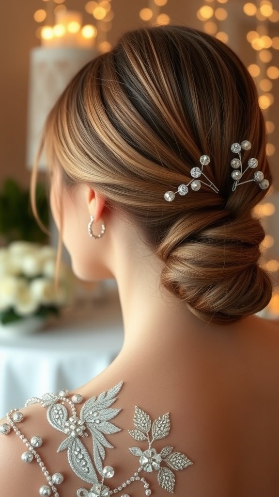 A low twisted chignon hairstyle adorned with decorative hairpins, showcasing elegance and sophistication.