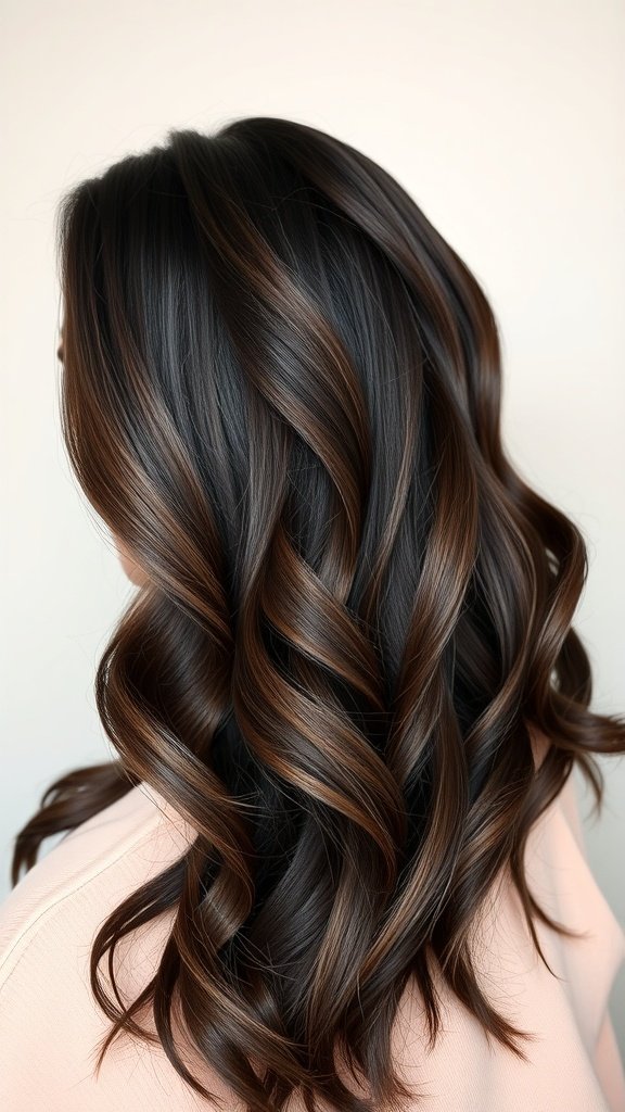 A hairstyle featuring dark walnut hair with bronze highlights, styled in soft waves.