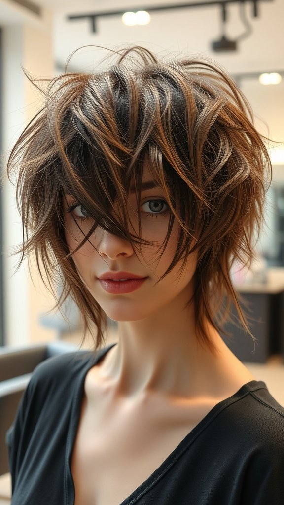 A woman with a messy shag hairstyle featuring voluminous layers and a playful look.