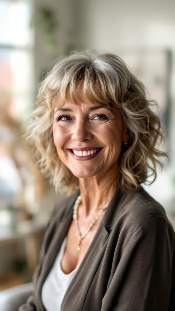 A woman with mid-length layered curls and a feathered fringe, smiling confidently.