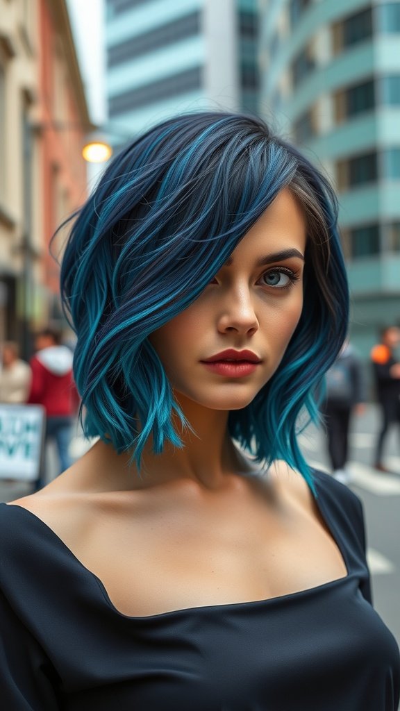 A woman with a midnight blue wavy bob and teal highlights, standing in an urban setting.