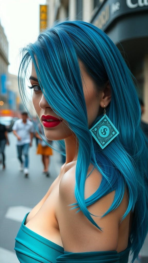 A woman with midnight blue hair featuring turquoise money piece highlights, wearing a stylish outfit and bold red lipstick.