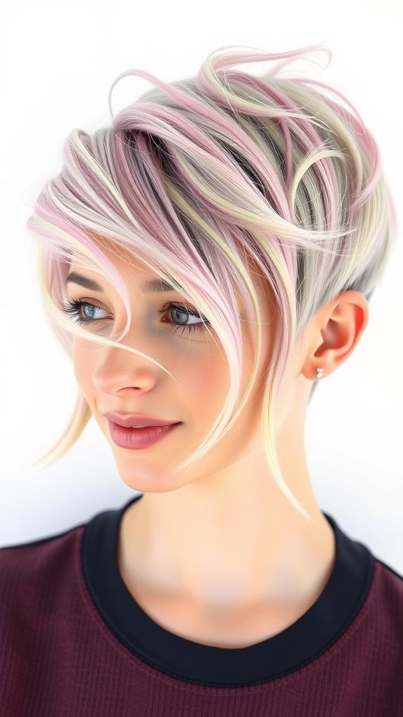 A woman with a muted pastel rainbow bixie haircut, featuring soft pink, lavender, and mint green hues, styled in gentle waves.