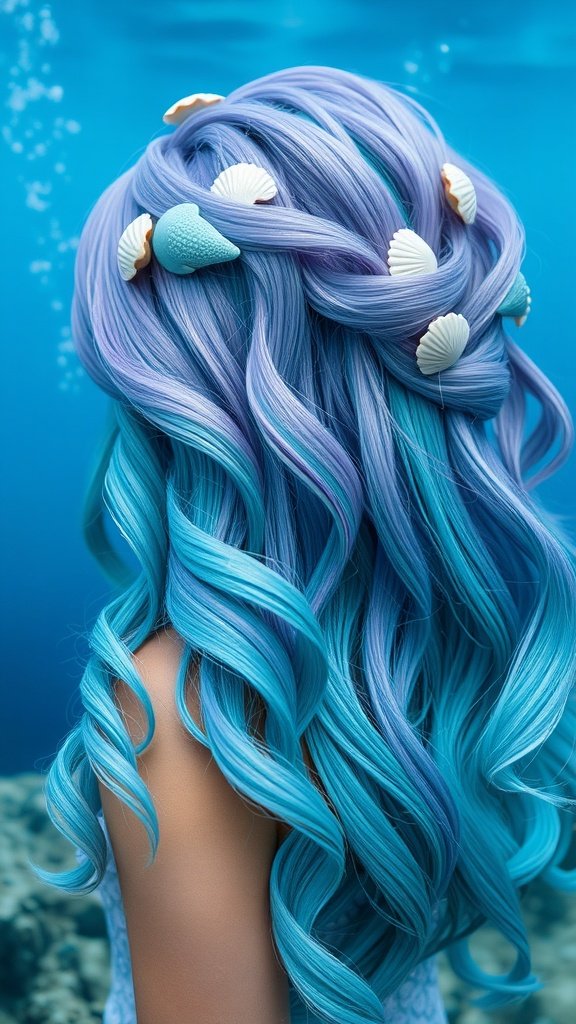 A person with long, wavy hair dyed in shades of blue and lavender, adorned with seashell accessories, resembling a mermaid.