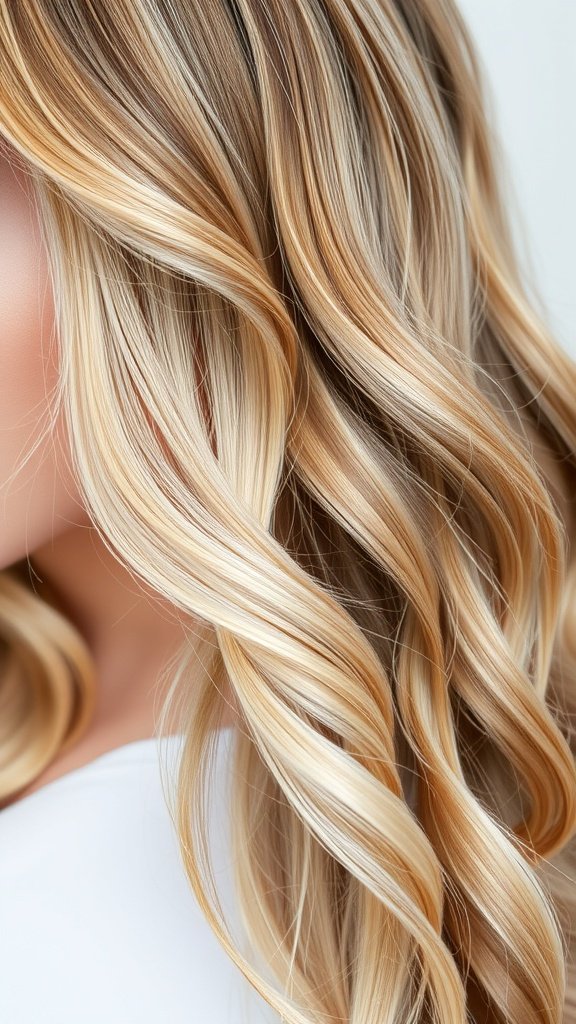 Natural blonde hair with subtle brown lowlights styled in soft waves
