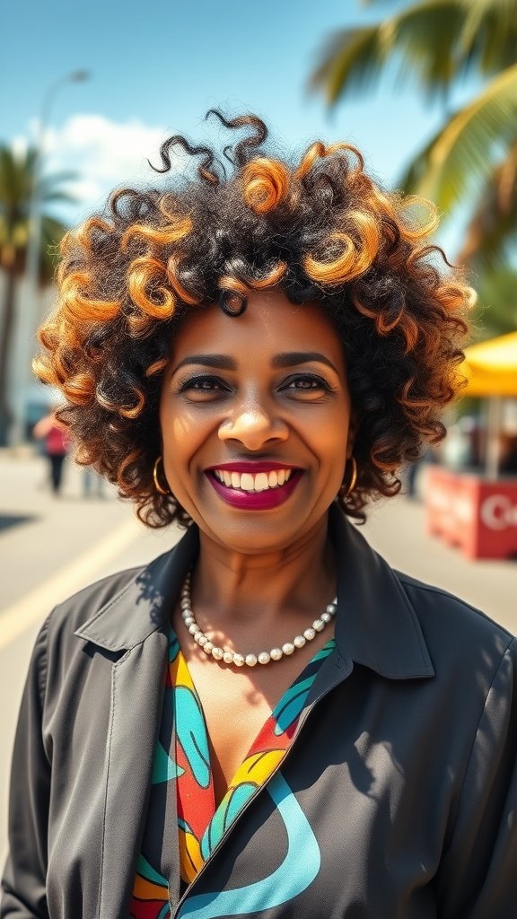 A woman with a vibrant curly afro hairstyle, wearing a colorful outfit and smiling.