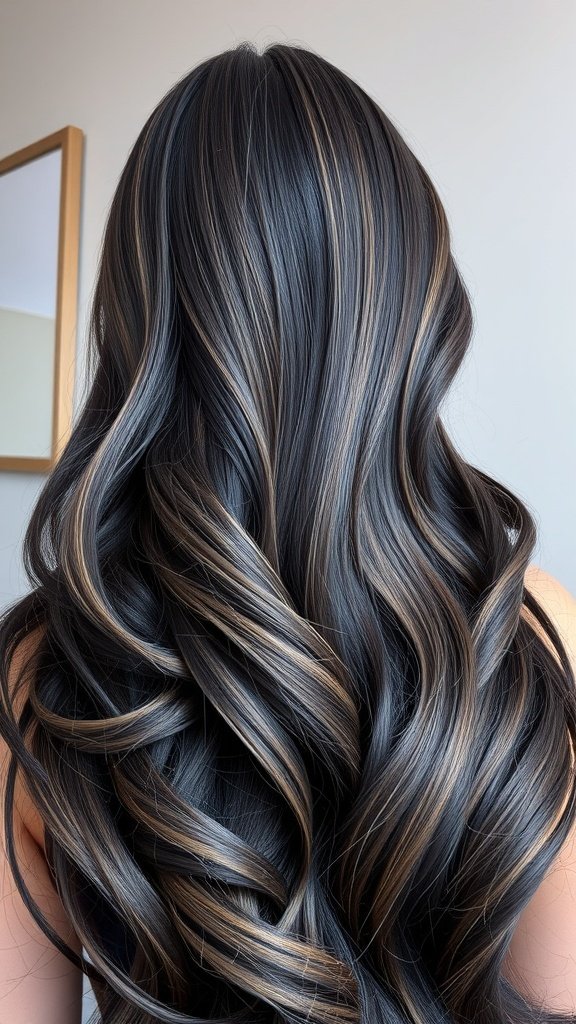 A beautiful hairstyle featuring a pewter and black swirl effect with soft waves.