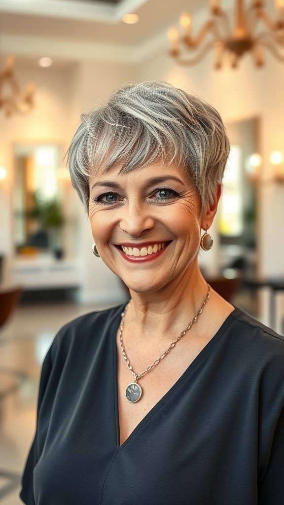 A woman with a piecey pixie hairstyle and choppy fringe, smiling confidently.