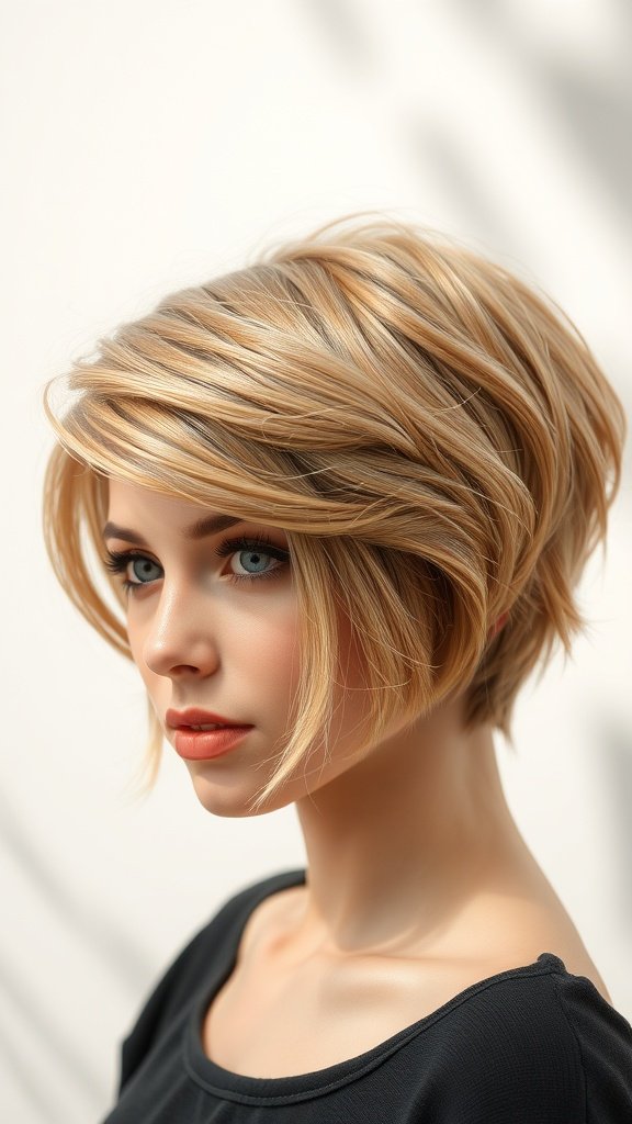 A stylish Pixie Bob hairstyle with soft waves and a side part, showcasing a modern and elegant look.
