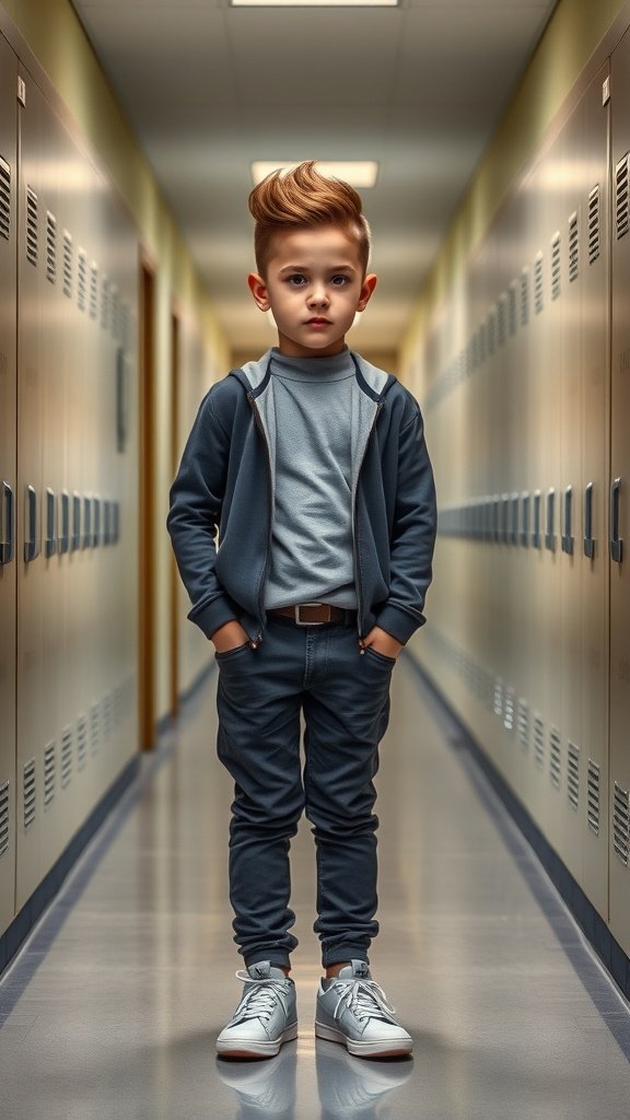 A young boy with a stylish pompadour haircut, standing confidently in a school hallway.