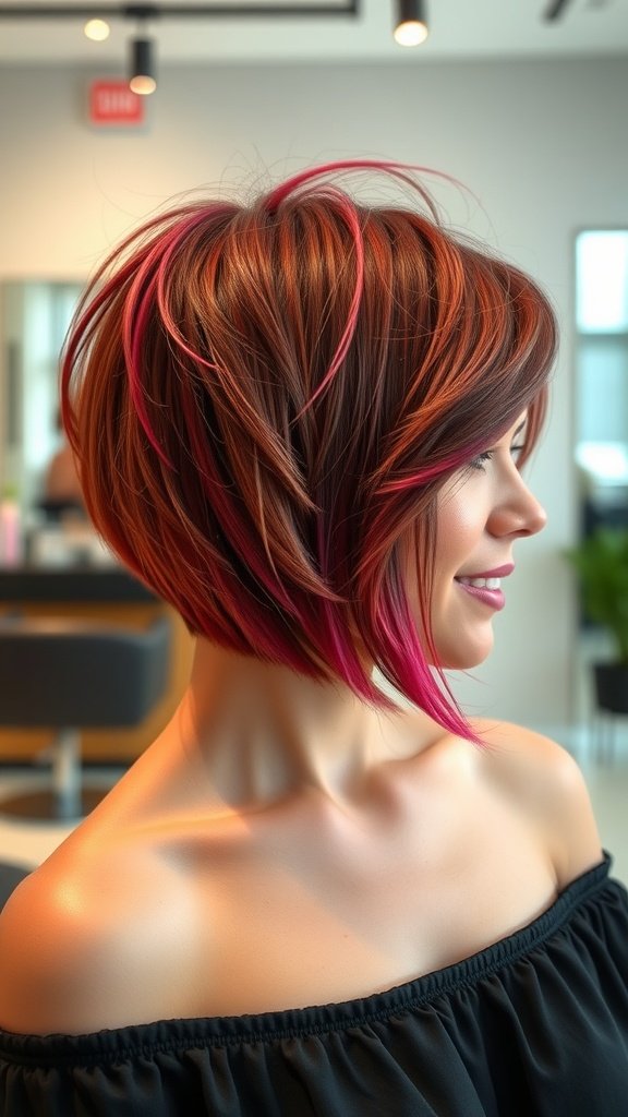 A woman with a razor-cut texturized bubble bob hairstyle featuring vibrant colors, smiling in a salon.