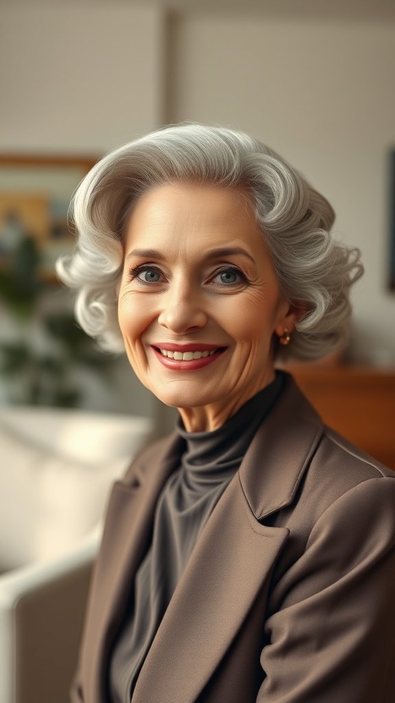 A woman over 70 with retro curls and a side part, smiling warmly.