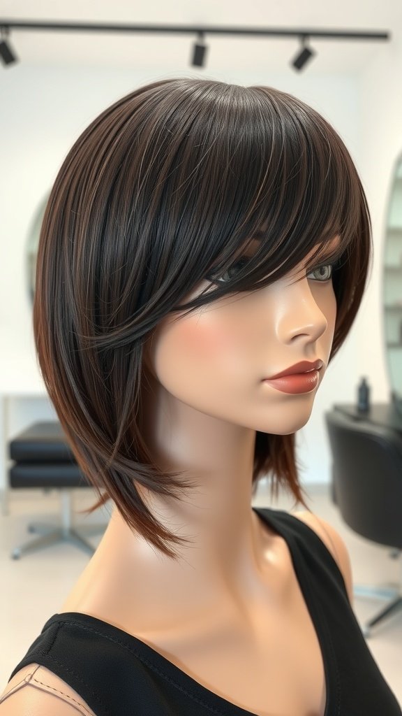 A mannequin showcasing a Reverse Layered Bob haircut with longer front layers and shorter back layers.