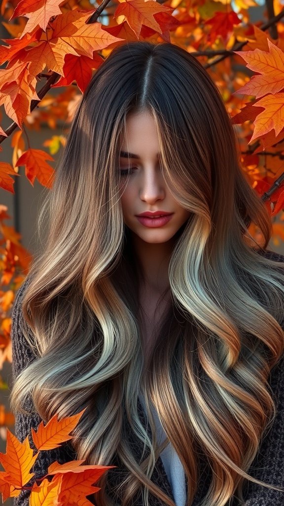 A model with long, wavy hair in a sage and sorrel blend, surrounded by autumn leaves.