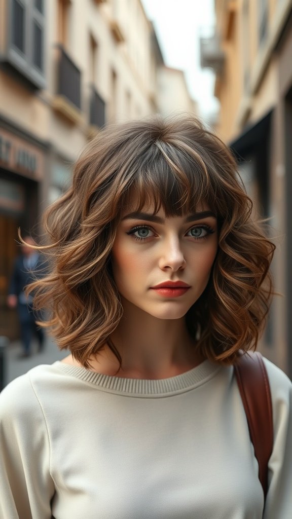 Woman with shaggy bob hairstyle featuring defined curls and fringe, looking stylish in a city setting.