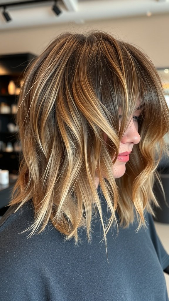 A woman with shaggy lob haircut featuring undone waves, showcasing a stylish and casual look.