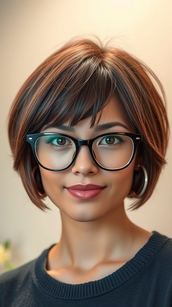 A woman with a short bob hairstyle and glasses, showcasing textured ends.