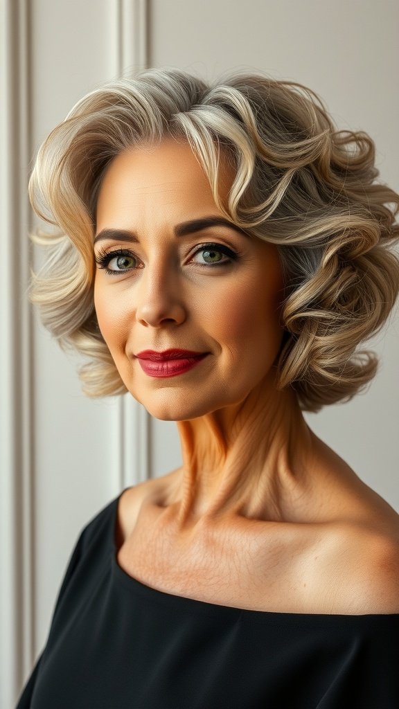 A woman with a short curly bob hairstyle, showcasing soft curls and a confident expression.