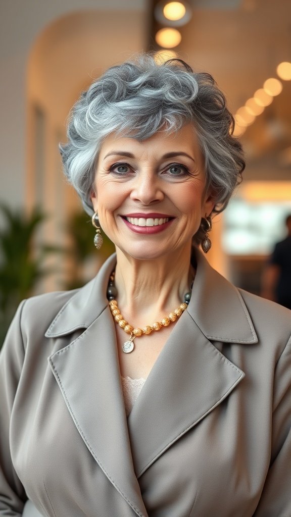 A woman with short curly gray hair and bangs, wearing a stylish blazer and necklace, smiling confidently.