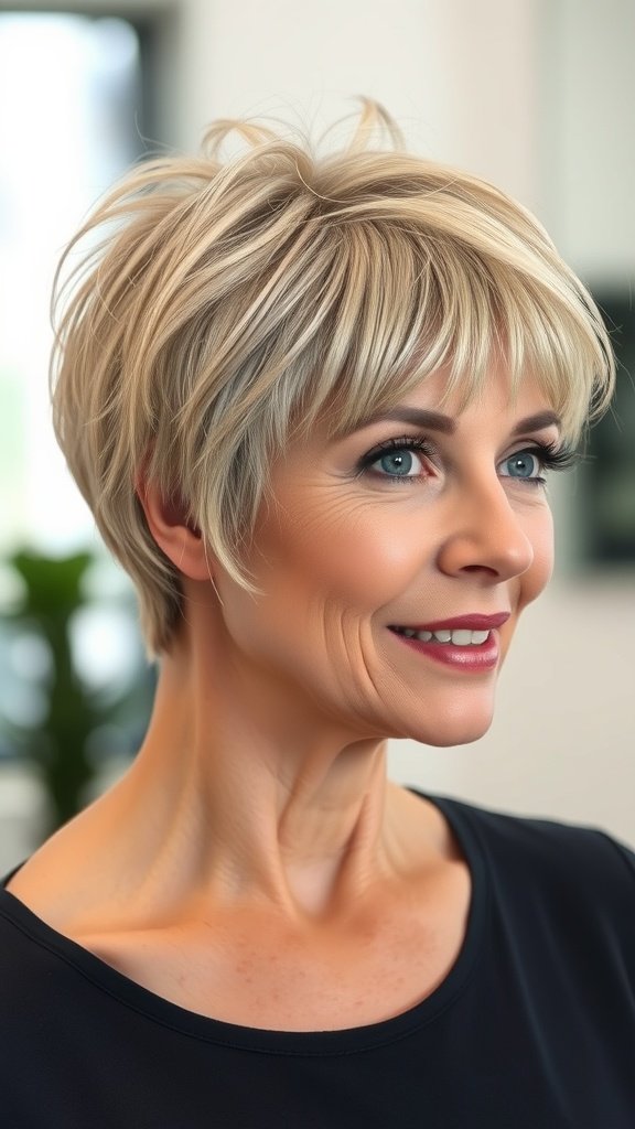 A woman with a short layered cut and fringe, showcasing a stylish and chic hairstyle.