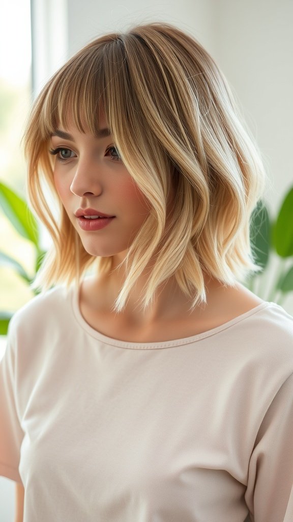 A woman with shoulder-length shag hair and light fringe, showcasing a modern hairstyle.