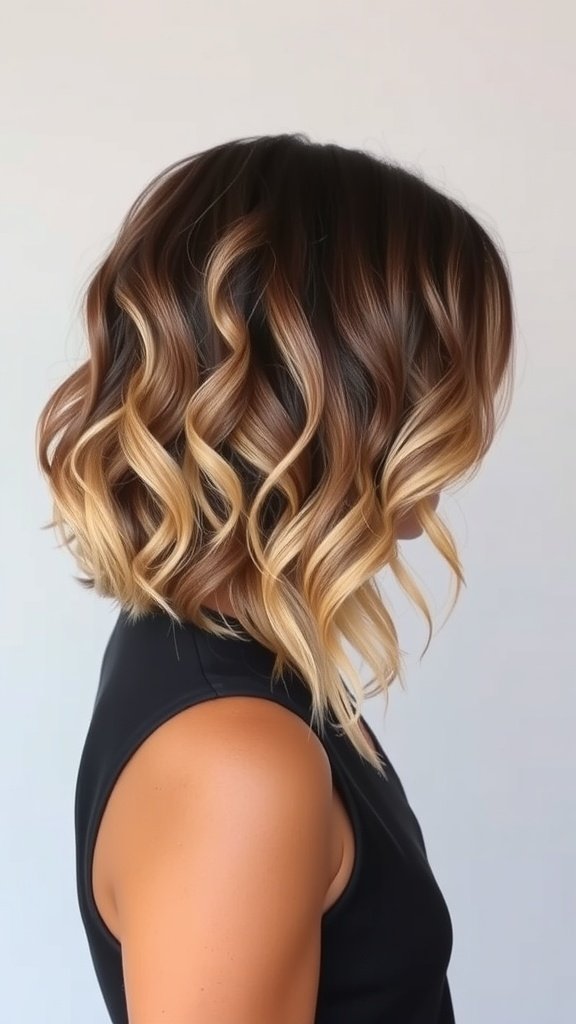 Sleek curly bob hairstyle with an ombre effect, showcasing dark roots and lighter ends.