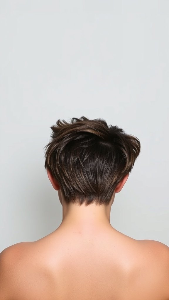Back view of a slicked back pixie haircut showcasing texture and shape.