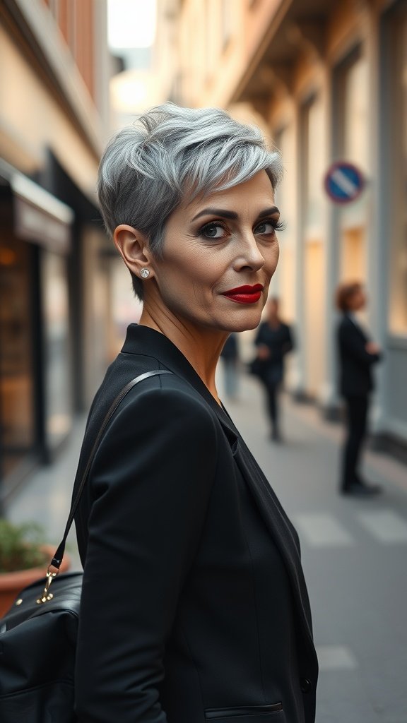 A woman with a slicked-back pixie hairstyle, wearing a black blazer and red lipstick, standing in a city street.