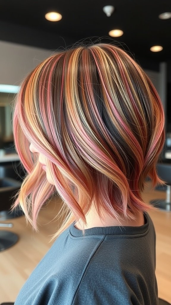 A stylish stacked bob haircut with vibrant peek-a-boo underlayer colors