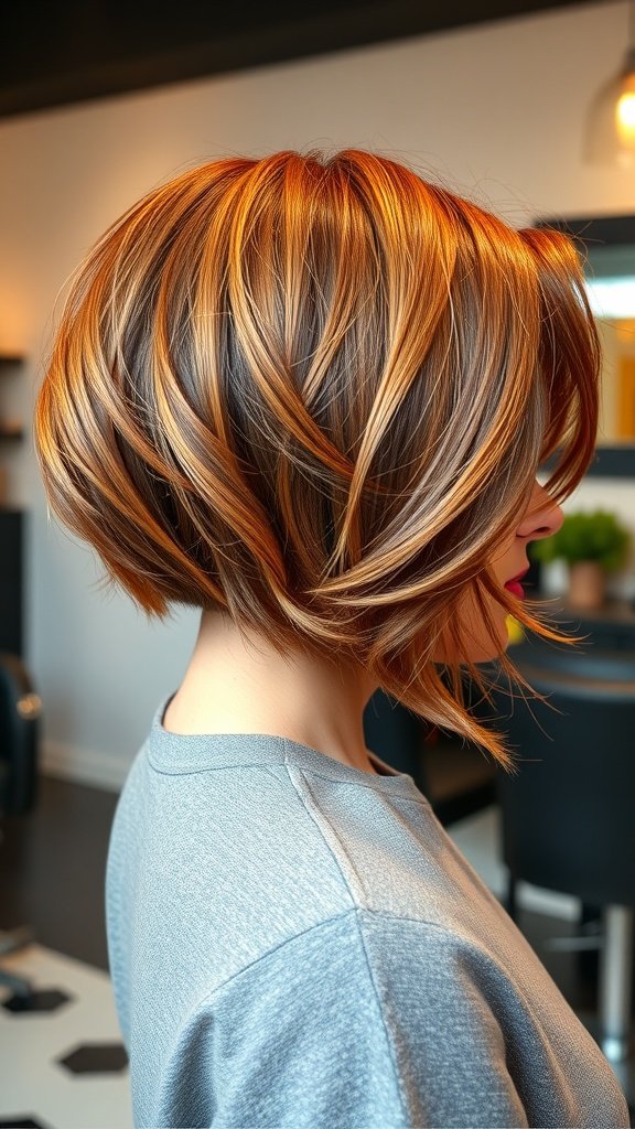A woman with a stacked box bob hairstyle featuring bright auburn streaks, showcasing layers that frame her face.