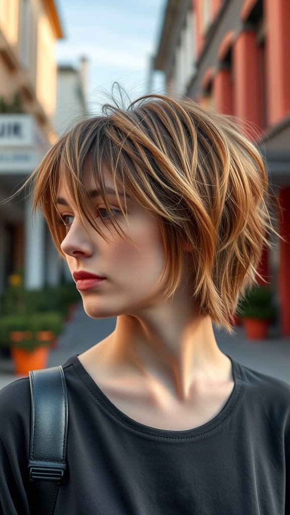A woman with a shaggy mullet hairstyle featuring subtle balayage, standing in a street setting.