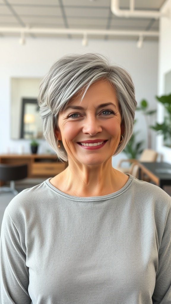 A woman with a textured wedge cut hairstyle, featuring stacked layers, smiling in a modern setting.