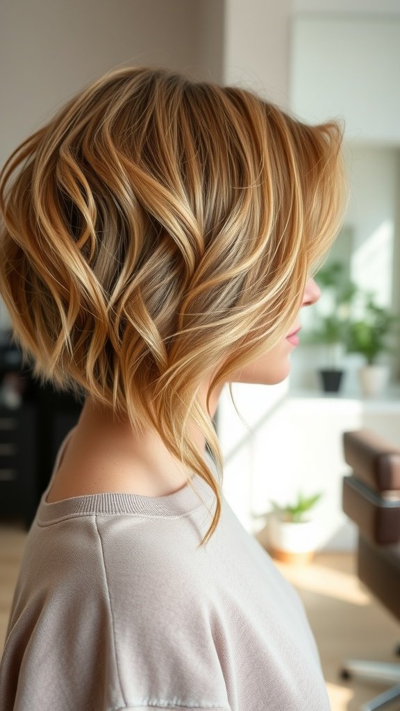 A woman with a textured wedge cut featuring stacked layers, showcasing a modern hairstyle.