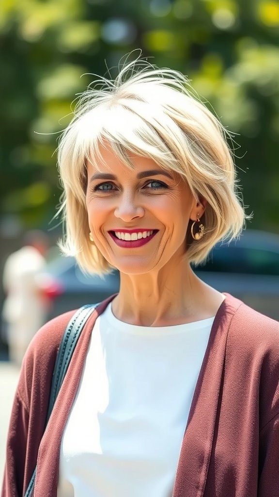A woman with a tousled lob haircut and micro bangs, smiling outdoors.