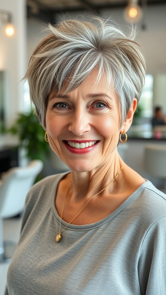 A woman over 60 with a tousled pixie haircut and edgy bangs, smiling in a salon setting.