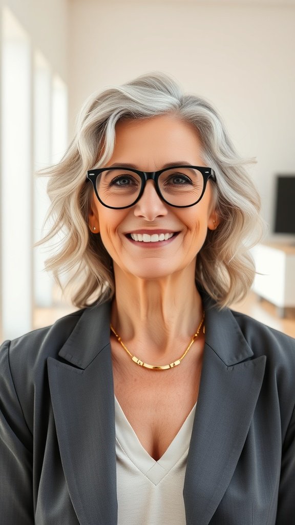 A woman over 70 with shoulder-length tousled waves and glasses, smiling confidently.