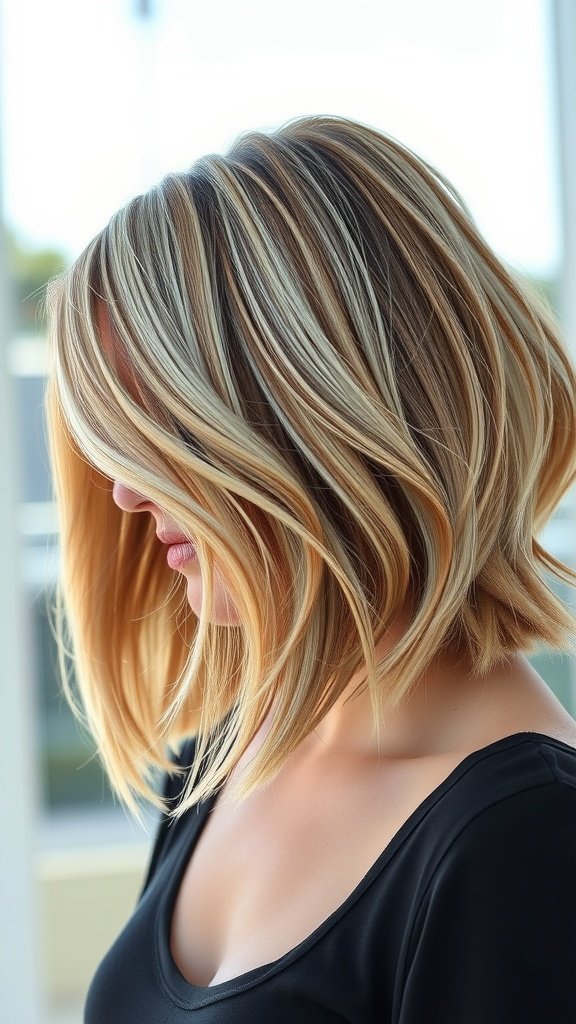 A woman with a two-tone feathered bob hairstyle, featuring a side part and vibrant highlights.
