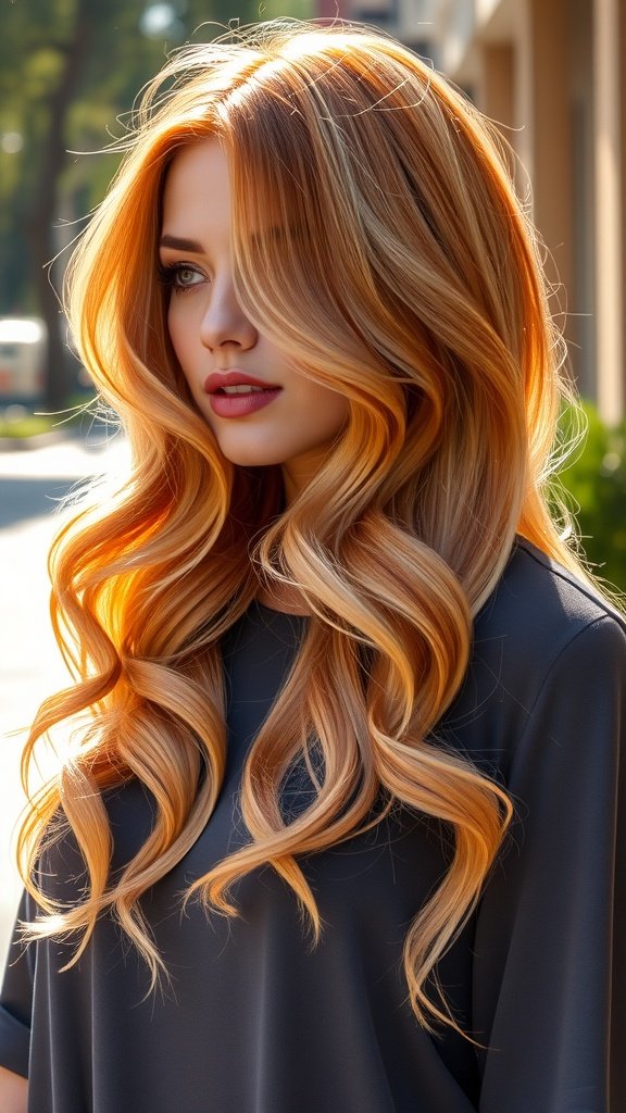 A woman with long, wavy two-tone strawberry blonde hair, showcasing a blend of rich strawberry and lighter blonde shades.