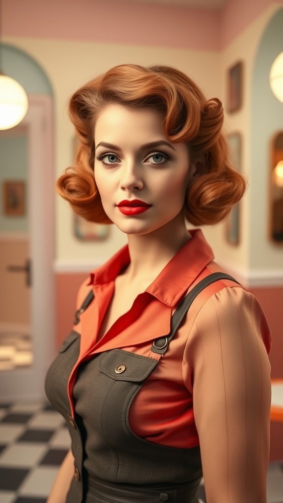 A woman with vintage copper victory rolls hairstyle, wearing a stylish outfit, set in a retro-themed salon.
